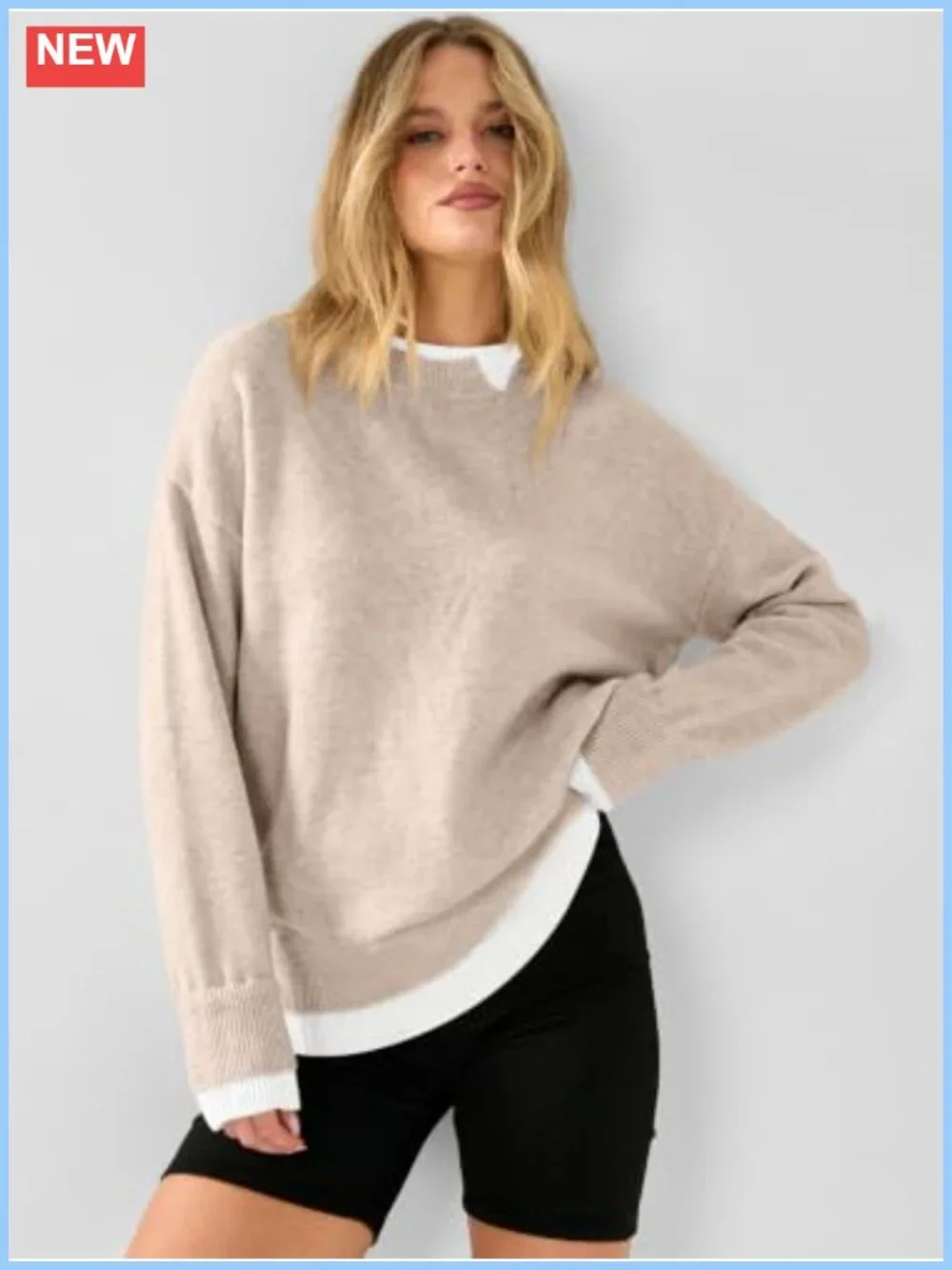 Oversized Patchwork Sweater Women Crewneck 2-in-1 Knit Top Teacher Fall